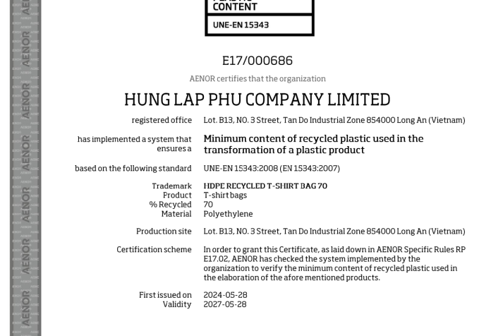 Chứng nhận AENOR - Hưng Lập Phú